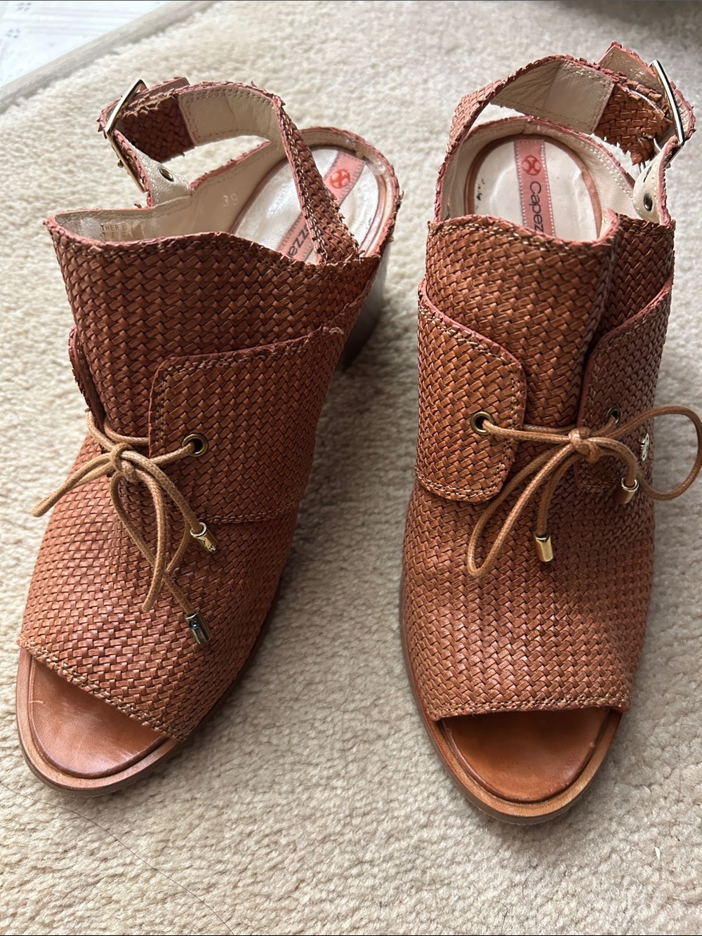 Capezzani Woven Tan Lace-Up Wedge Mules